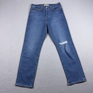 Levis Wedgie Straight Jeans Womens 28 Blue Distressed High Rise Denim Button Fly